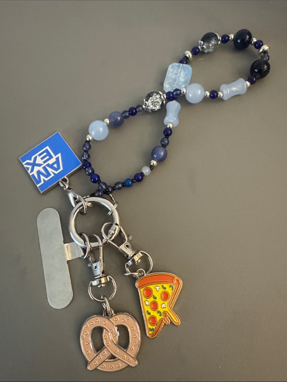Kids Blue Beaded Keychain with Pretzel & Pizza Charms